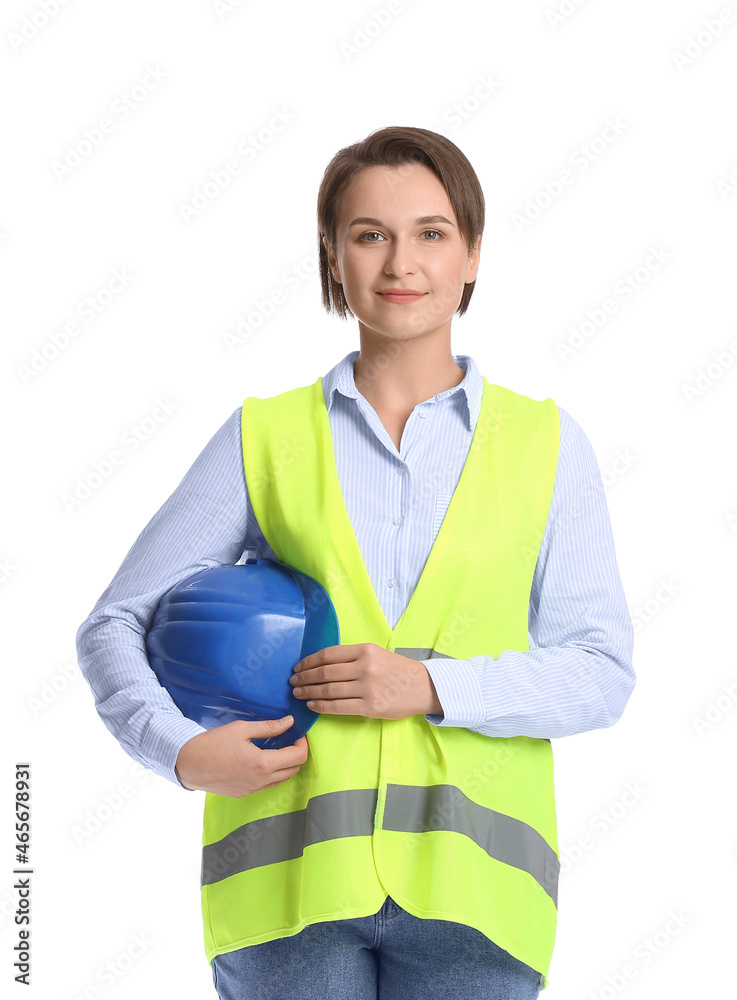 Female construction worker with hardhat on white background