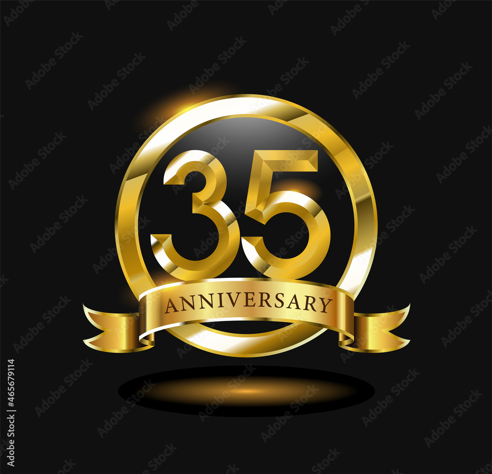 35 year anniversary celebration logo design with golden circle, vector illustration