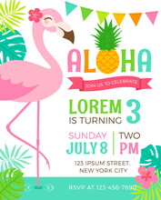 Cute Flamingo With Border Of Tropical Leaf Illustration For Party Invitation Card Template.
