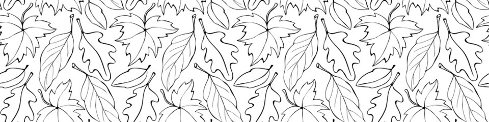 Wall Mural - Seamless pattern falling leaves. Vector autumn texture isolated, outline, sketch style. Concept of forest, leaf fall, nature