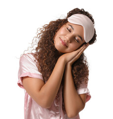 Sticker - Young African-American woman with pink sleeping mask on white background