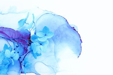  Creative image of blue Hydrangea flowers on artistic ink background. Top view with copy space
