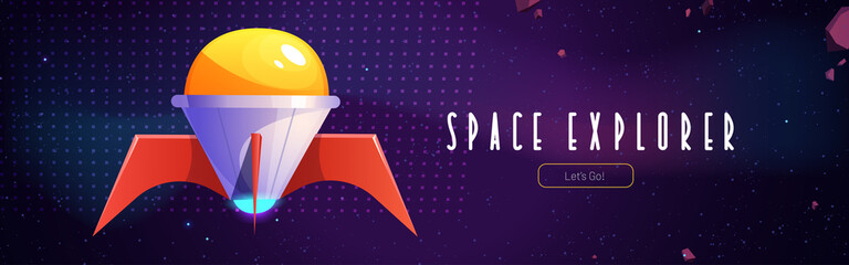 Poster - space explorer poster with rocket on background of sky with stars. vector banner of galaxy explorati