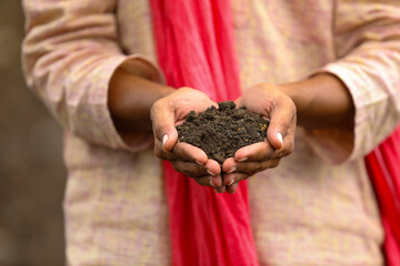 Wall Mural - Indian farmer holding black soil in hand.