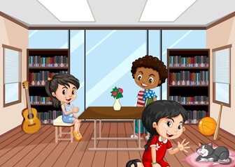 Wall Mural - Library room interior with children