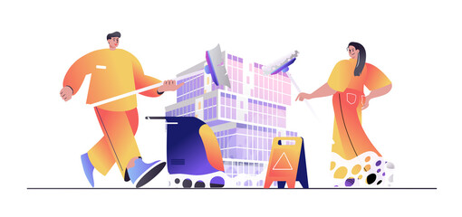 Poster - Cleaning service concept for web banner. Man and woman employees with mops clean office spaces or do housework modern people scene. Vector illustration in flat cartoon design with person characters