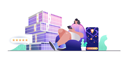Poster - Hotel booking concept for web banner. Woman traveler reserves room or apartment in mobile app for vacation, modern people scene. Vector illustration in flat cartoon design with person characters
