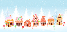 Christmas Gingerbread Houses. Cartoon Christmas Gingerbread Houses Decorated With Sweets On The Background Of The Winter Forest