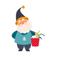 Sticker - Cute Gnome Character with Beard in Pointy Hat Holding Bucket with Plant Vector Illustration