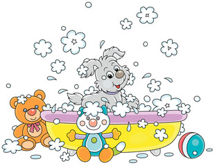 Wall Mural - Happy little puppy washing, playing in a bubble bath and splashing with foam, vector cartoon illustration isolated on a white background