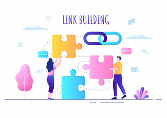 Wall Mural - SEO Link Building as Search Engine Optimization, Marketing and Digital for Home Page Development or Mobile Applications Vector Illustration