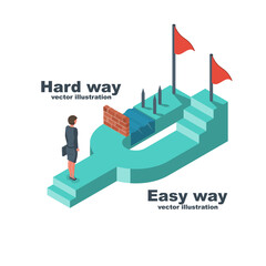 Hard and easy ways. Businesswoman standing at crossroads before choosing. Decide direction. Choice of ways. Vector illustration isometric style. 3d design landing page. Reaching the goal.