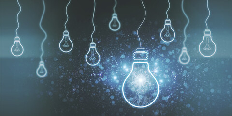 Poster - Creative light bulbs on blue background with circuit man. Artificial intelligence and innovation concept. 3D Rendering.