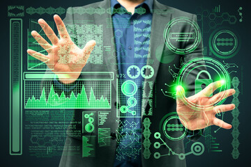 Poster - Businessman hand using abstract digital business interface on dark background. Communication, hud, science and future concept. Double exposure.