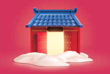 3d Red Temple Gate In Snow