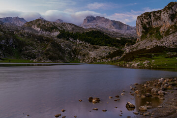 Wall Mural - Lake Covadonga, mountain lakes in Picos de Europa during sunrise