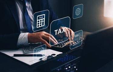 Businessman using the laptop to fill in the income  tax online return form for payment. Financial research,government taxes and calculation tax return concept. Tax Time