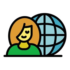Poster - Girl and globe icon. Outline girl and globe vector icon color flat isolated