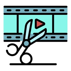 Poster - video film and scissors icon. outline video film and scissors vector icon color flat isolated