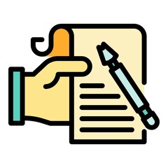 Poster - paper in hand and ink pen icon. outline paper in hand and ink pen vector icon color flat isolated