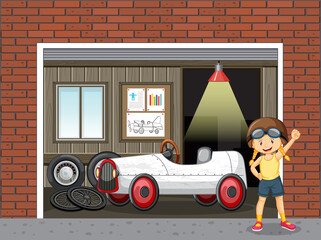 Wall Mural - A girl standing by a vintage car toy