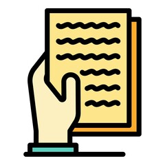 Poster - Handwritten sheets in hand icon. Outline handwritten sheets in hand vector icon color flat isolated