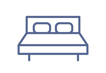 Wall Mural - Simple double bed icon with mattress and pillows. Accommodation with bedroom sign for web interface. Bedtime symbol in line art style. Linear flat vector illustration isolated on white background