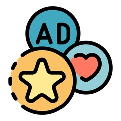 Poster - Ad, star and heart icon. Outline ad, star and heart vector icon color flat isolated