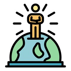 Poster - man in the center of globe icon. outline man in the center of globe vector icon color flat isolated