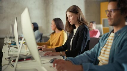 Aufkleber - Beautiful Smart Female Student, Studying in Modern University with Diverse Multiethnic Classmates. College Scholars Work in College Room, Learning IT, Programming or Computer Science.