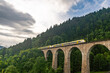 Historic railway bridge with a yellow train at the Ravenna Gorge Black Forest