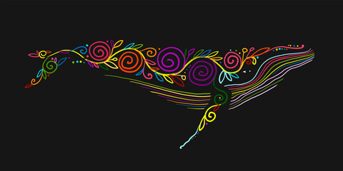 Papier Peint - Wild Whale with Floral Ornaments. Colorful Art Sketch for your design