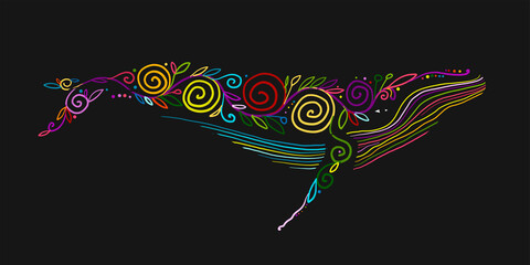 Fotomurali - Wild Whale with Floral Ornaments. Colorful Art Sketch for your design