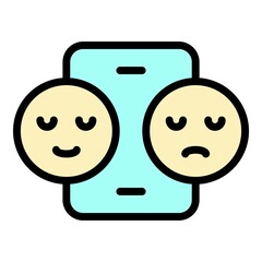 Poster - Smartphone and two smiles icon. Outline Smartphone and two smiles vector icon color flat isolated