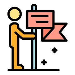 Poster - Man with map flag icon. Outline man with map flag vector icon color flat isolated