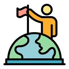 Poster - man puts a flag on a globe icon. outline man puts a flag on a globe vector icon color flat isolated