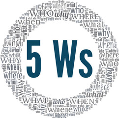 Five W's - Who, Where, Why, What, When vector illustration word cloud isolated on white background.