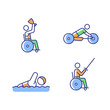 © IMG visuals icons - Adaptive contests RGB color icons set. Different sport disciplines. Aquatic and land contests. People with physical disability. Isolated vector illustrations. Simple filled line drawings collection