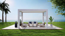 3D Illustration Of Garden Patio With White Pergola Next To Sea