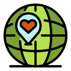 Poster - Heart mark on the globe icon. Outline heart mark on the globe vector icon color flat isolated