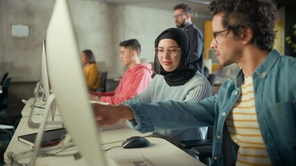 Aufkleber - Female Muslim Student Wearing Hijab, Studying in Modern University with Diverse Multiethnic Classmates. She Asks Scholar a Question in College Room. Lecturer Shares Knowledge with Smart Scholars.