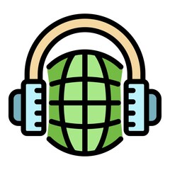 Poster - Headphones global language icon. Outline headphones global language vector icon color flat isolated