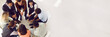 © Studio Romantic - Copy space banner background with diverse team sitting in circle and talking. Psychologist providing professional guidance in group therapy. High angle view from above people in room with light floor