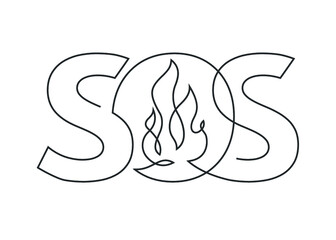 Wall Mural - Continuous line drawing of SOS text with the flame in the middle. Vector SOS lettering on white background. SOS distress signal. Vector illustration.