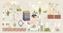 Plant Biology With Scientific Organic Research Tiny Person Collection Set. Elements With Nature Sprouts, Crops, Flowers And Seeds GMO Modification Or Laboratory Structure Research Vector Illustration.