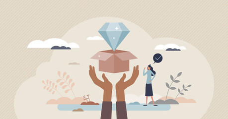 Value creation with product positioning and marketing tiny person concept. Idea proposition management with commercial and branding vector illustration. Create competitive and unique idea business.