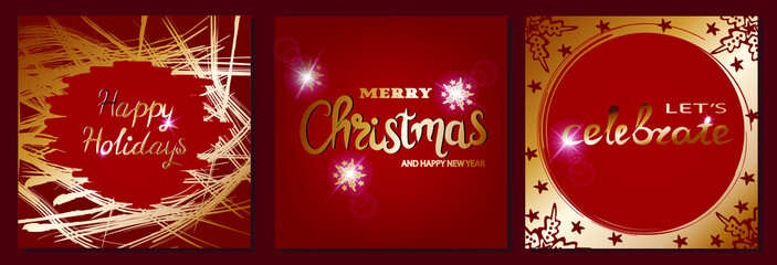 Poster - Set of christmas greeting card with hand lettering. Merry Christmas holiday invitations templates. Vector illustration.