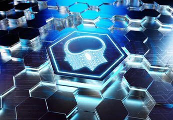 Aufkleber - Brain icon concept engraved on metal hexagonal pedestral background. Artificial intelligence symbol glowing on abstract digital surface. 3d rendering
