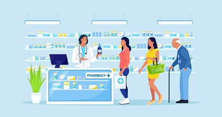 Doctor pharmacist consulting patient in pharmacy store. Customers standing in queue, shelves with medicines on background. People buying medication in pharmacy. Pharmaceutical Industry. Vector design