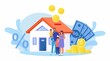 © Nadezhda Buravleva - Family buying real estate with mortgage and paying credit to bank. People save money and buy house in debt, invest money in property. House loan, rent. Home is like a piggy bank. Vector design